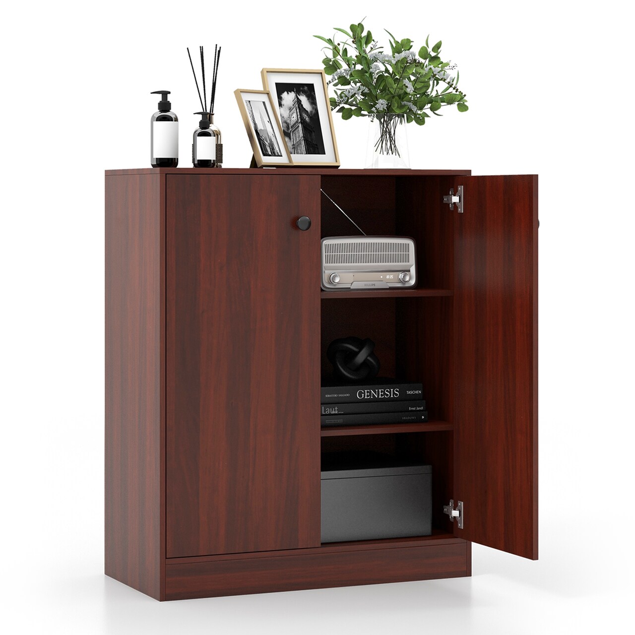 Costway 2-Door Storage Cabinet Freestanding Storage Organizer with 3-Tier Shelf Entryway Black/Brown